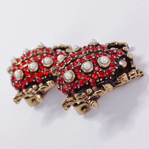 Signed Heidi Daus Ladybug Clip On Earrings Red White Rhinestone Vintage Whimsy - Picture 6 of 10